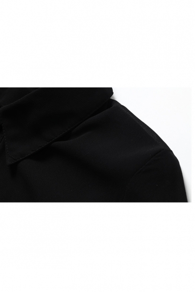 Women's Elegant Lapel Collar Button Placket Half Sleeve Belted Waist Black Plain Maxi Chiffon Shirt Dress