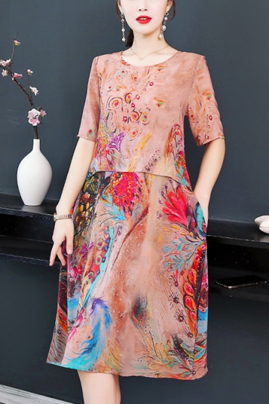 Women's Elegant Round Neck Half Sleeve Floral Pattern Midi Silk Beach Dress