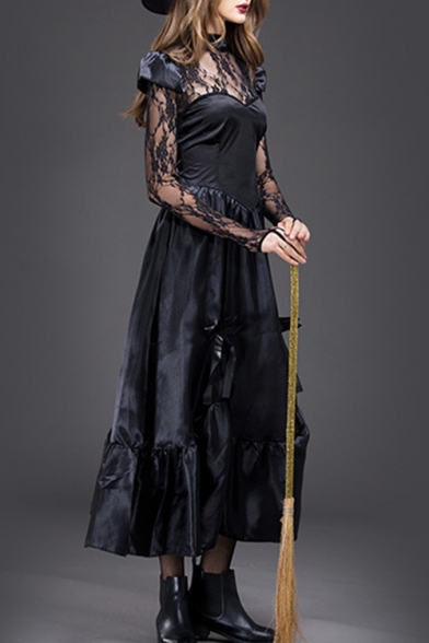 Women's Fancy Halloween Witch Cosplay Costume Lace Panel Long Sleeve Black Maxi Dress