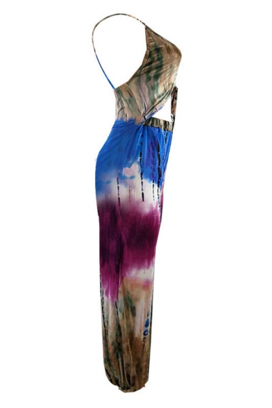Women's Fashion Asymmetric Blue Tie-dye Sexy V-Neck Spaghetti Straps Sleeveless Cutout Loose Jumpsuits