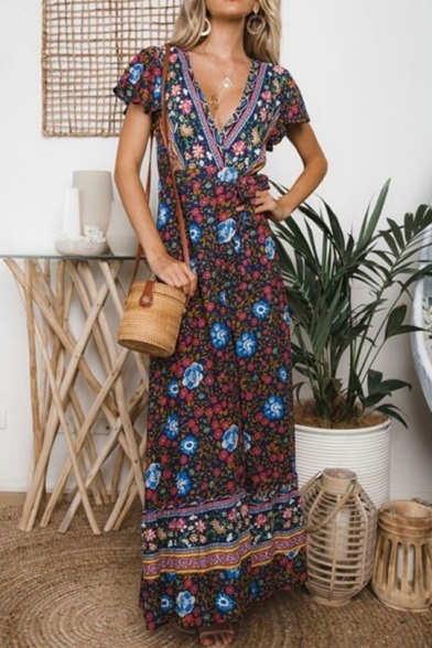 Women's Fashion Floral Printed V-Neck Short Sleeve Sexy Split Front Maxi Beach Dress