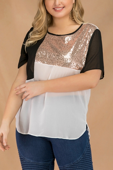Women's Fashionable Color Block Sequin-Embellished Patch Short Sleeves Round Neck Chiffon Tee