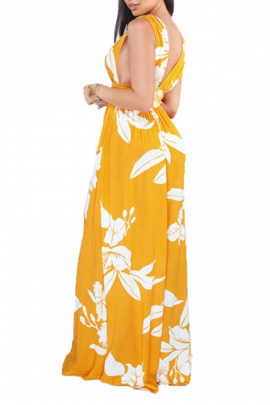 Women's Sexy V-Neck Sleeveless Floral Backless Maxi Casual Dress