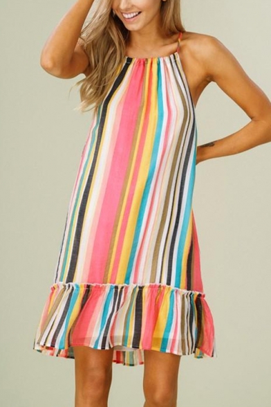 Women's Sleeveless Round Neck Colorful Stripes Printed Peplum Hem Mini Slip Dress
