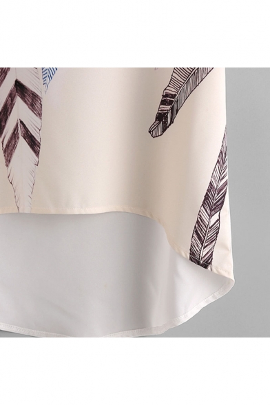 Women 's New Trendy Feather Printed Round Neck Short Sleeve Khaki Chiffon Tee