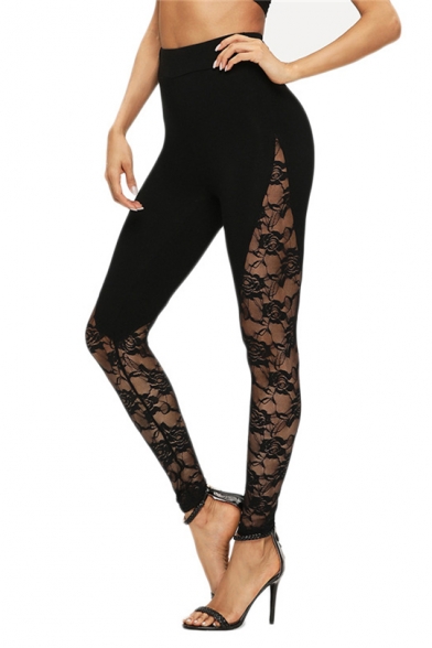 Women's New Trendy Sexy Lace Panel Hollow Out Yoga Pants Black Fitness Leggings