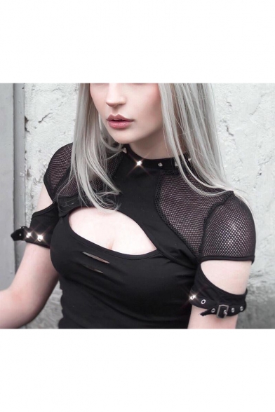 Women's Punk Style Cool Cutout Mesh Panel Short Sleeve Black Slim Fit T-Shirt