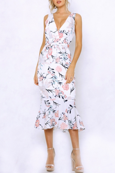 Women's Sexy Floral Print Bow-Tied Waist Plunge Neck Sleeveless Ruffle Side Slim Fit Maxi Wrap Dress