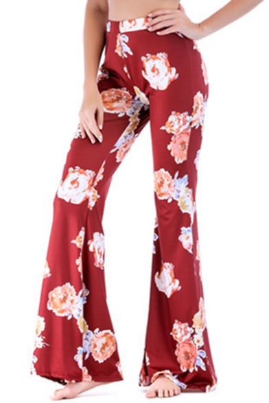Women's Trendy Burgundy Floral Printed Wide Leg Flared Pants