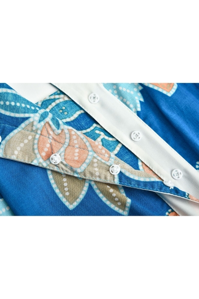 Womens Holiday Chic Blue Floral Printed Drawstring Waist Spaghetti Straps Beach Jumpsuits