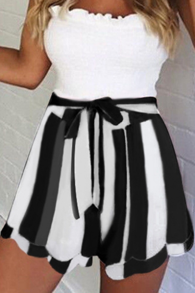 Womens New Fancy Striped Printed Bow-Tied Waist Scalloped Hem Ruffle Shorts