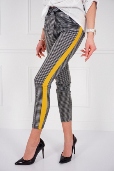 Womens New Stylish Tape Side Gingham Printed Bow Tied Waist Cropped Slim Fit Pants