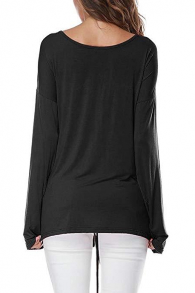 Womens New Trendy Basic Solid Color V-Neck Long Sleeve Drawstring Front Casual Tee