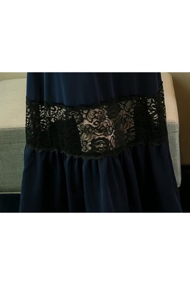 Womens Summer Fancy Lace Patched Halter Neck Cold Shoulder Maxi Black Dress