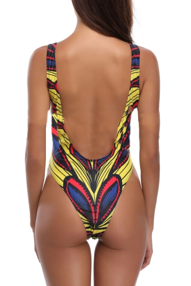 Womens Summer Stylish Colorblock Printed Sexy High Leg Backless One Piece Swimsuit