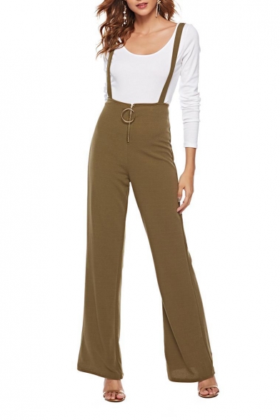 Womens Trendy Solid Color Zipper Front High Waist Suspender Pants