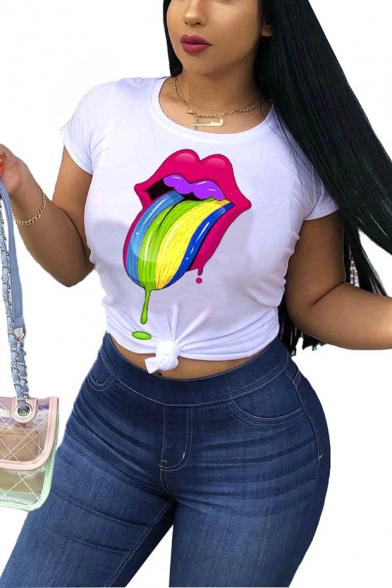 Womens Unique Colorful Tongue Lip Printed Short Sleeve Summer Tee