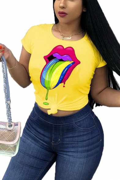 Womens Unique Colorful Tongue Lip Printed Short Sleeve Summer Tee