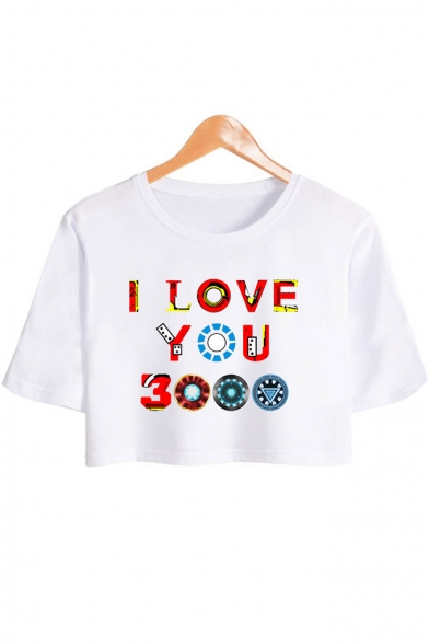 Womens Unique Cool Colorful Iron Letter I LOVE YOU 3000 Basic Short Sleeve Cropped Tee