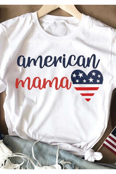 American Mama Letter Heart Flag Printed White Round Neck Short Sleeve Tee