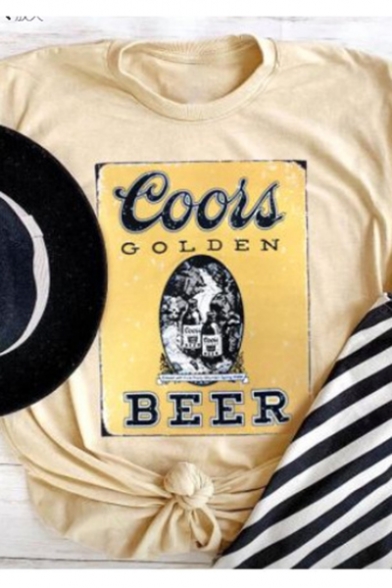 Apricot Round Neck Short Sleeve COORS BEER Letter Bottle Printed Graphic Tee