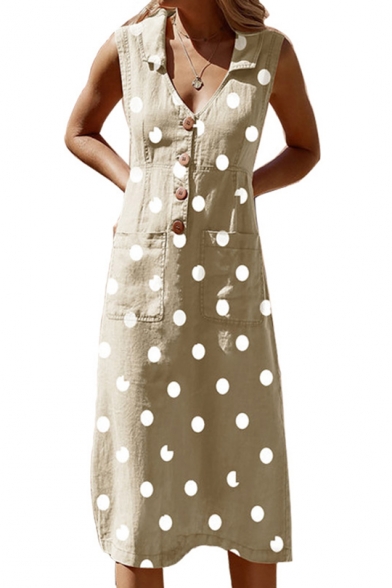 Classic Fashion Polka Dot Printed V-Neck Sleeveless Button Front Midi A-Line Dress