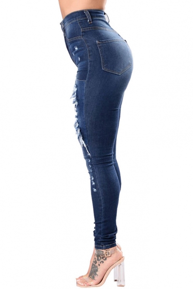 Cool Stylish Destroyed Ripped Dark Blue Skinny Fit Jeans for Women