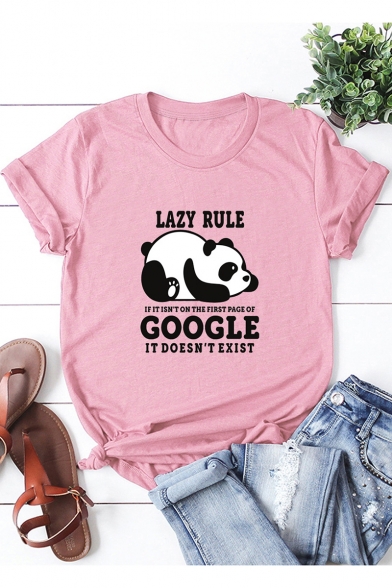 Cute Cartoon Panda LAZY RULE Short Sleeve Basic Casual Cotton Tee