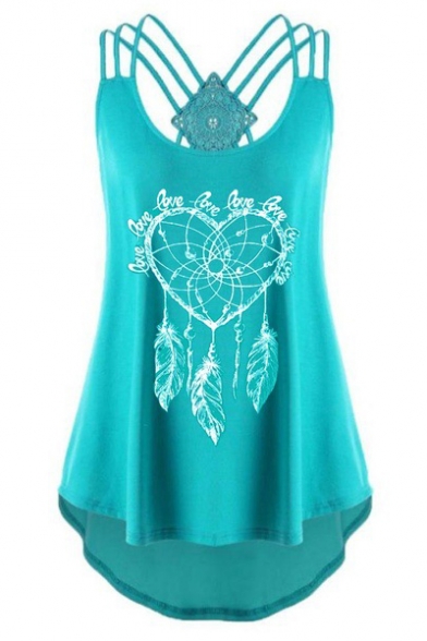 Fashion Love Heart Feather Printed Strappy Scoop Neck Dipped Hem Womens Casual Cami Top