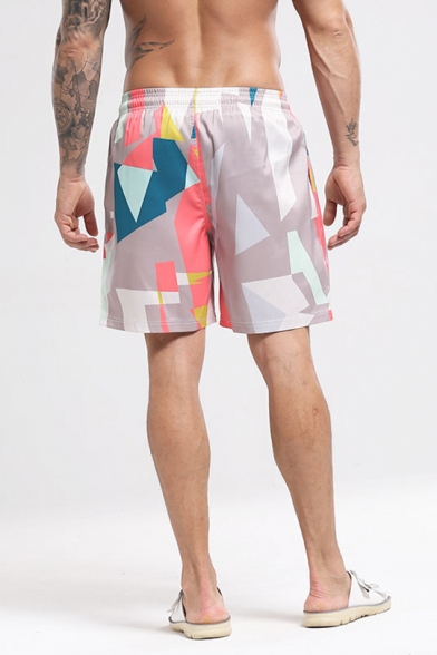 Fashion Pop Style Geometric Printed Mens Drawstring Waist Quick Drying Beach Swim Trunks