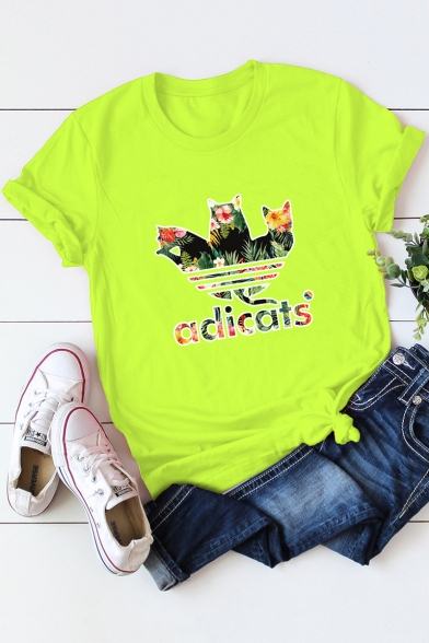 Funny Leaf Cat Adicats Letter Printed Relaxed Cotton Graphic Tee