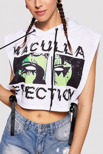 Girls Cool Street Fashion Figure Eyes Letter Printed Bow-Tied Side Sleeveless Cropped Hooded White Tank