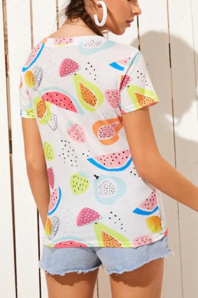 Girls Lovely Watermelon Printed Round Neck Short Sleeve White Casual Tee