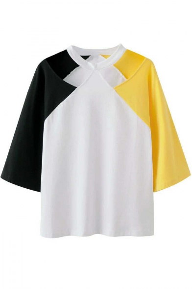 Girls New Trendy Colorblock Cut Out Three-Quarter Sleeve Loose T-Shirt