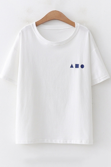 Girls Simple Geometric Print Round Neck Cotton Relaxed T-Shirt