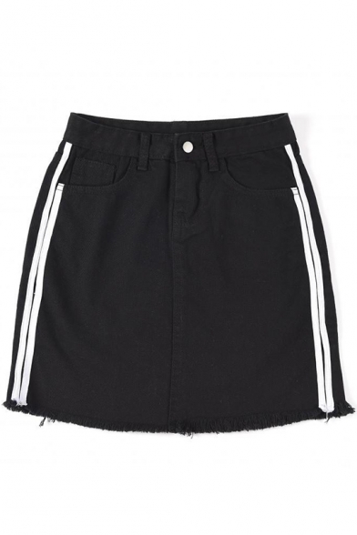 Girls Summer Fashion Stripe Side Fringed Hem Mini A-Line Denim Skirt