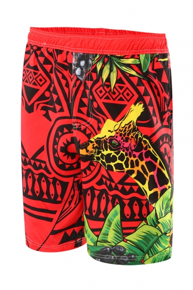 Guys Fashion Red Tropical Giraffe Printed Casual Loose Swim Trunks with Liner