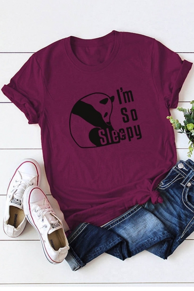 I'm So Sleepy Cartoon Panda Printed Basic Short Sleeve Cotton Graphic Tee