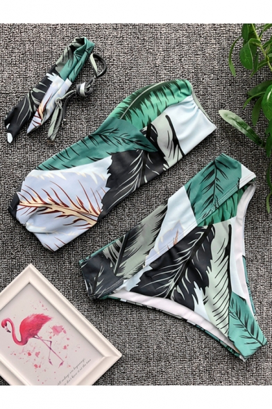 Leaf Printed Sleeveless Strapless Bow Front Green High Waist Bottom Bikini