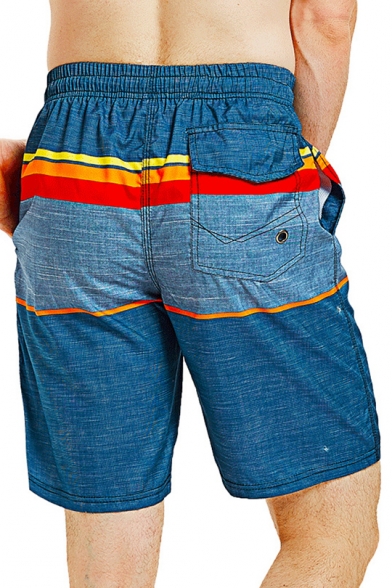 Men's Fashion Colorblock Drawstring Waist Quick Drying Blue Surfing Swim Trunks with Liner