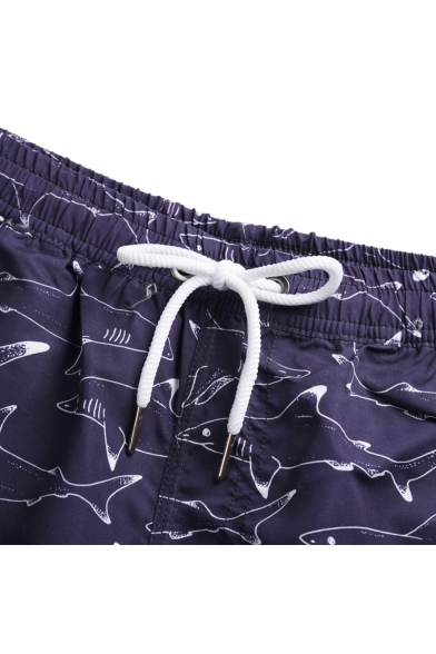 Men's Summer Dark Blue Shark Fish Print Drawcord Waist Casual Beach Swim Shorts with Liner