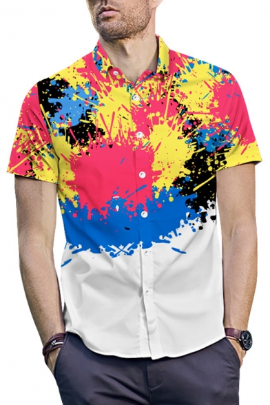 Mens Street Cool Tie Dye Ink Printed Short Sleeve Button Shirt