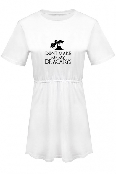 New Fashion Dragon Letter DONT MAKE ME SAY DRACARYS Simple Round Neck Short Sleeve T-Shirt Dress A-Line Dress