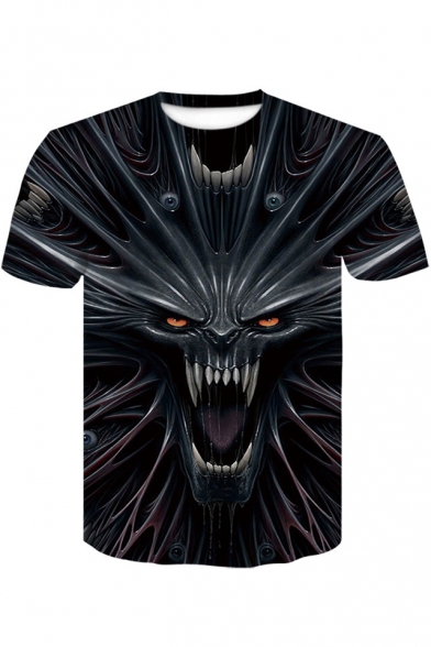 New Stylish Skull Print Round Neck Short Sleeve Black T-Shirt for Men