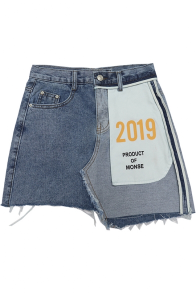 New Trendy Cool Letter Reverse Pocket Unique Patchwork Mini A-Line Asymmetrical Denim Skirt
