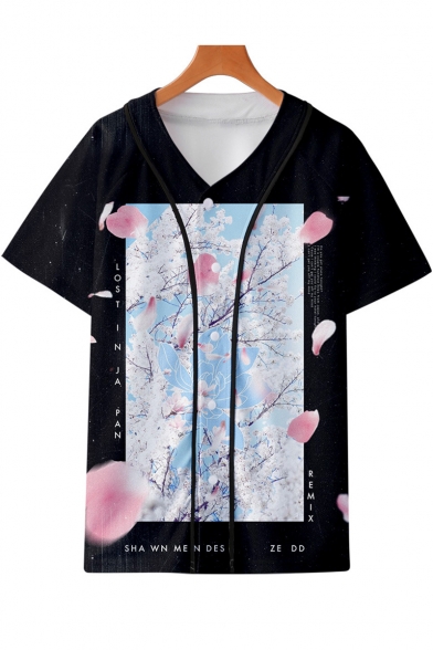 New Trendy Floral Printed V-Neck Short Sleeve Button Front Black Baseball Shirt