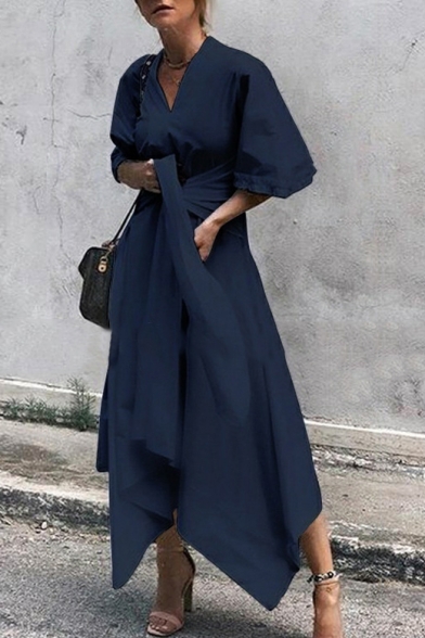 New Trendy Simple Plain Sexy V-Neck Half Sleeve Bow-Tied Waist Asymmetrical Maxi Dress For Women