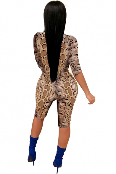 New Trendy Snakeskin Printed Sexy Plunged V-Neck Three-Quarter Sleeve Slim Fit Club Jumpsuit Romper