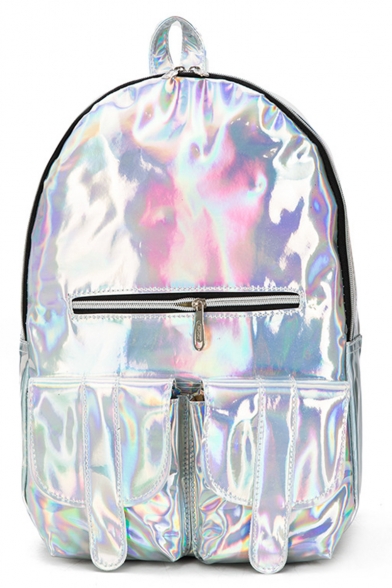 New Trendy Solid Color Double Pockets Patched Zipper Detail Laser School Backpack For Teenage Girls 25*13*39 CM