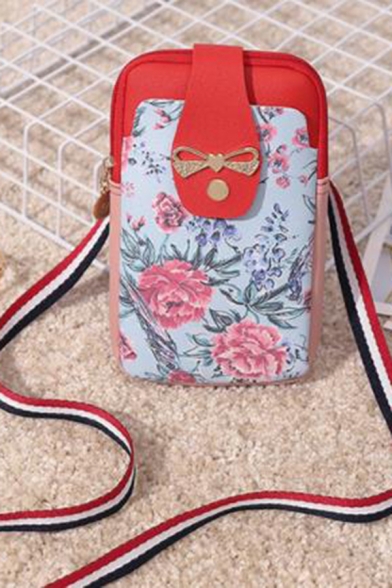 Popular Floral Printed Bow Embellishment Striped Strap Light Blue and Pink Crossbody Phone Purse 10.5*2.5*18.5 CM